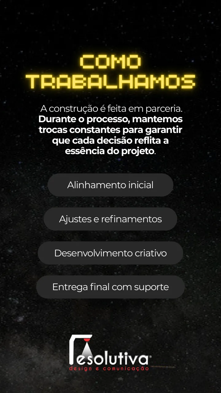 Como trabalhamos: alinhamento inicial, desenvolvimento criativo, ajustes e refinamentos, entrega final com suporte