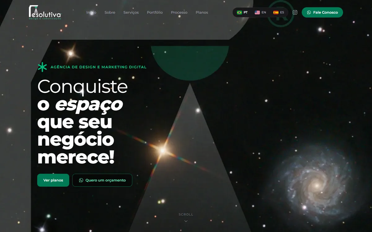 Site da Resolutiva Design, feito pela própria agência